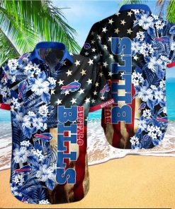 Buffalo Bills Hawaiian Shirt, Flowers And America Flag, Button Down Hawaiian Shirt