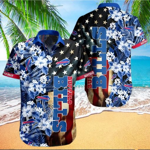 Buffalo Bills Hawaiian Shirt, Flowers And America Flag, Button Down Hawaiian Shirt