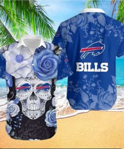 Buffalo Bills Hawaiian Shirt, Flowers Skull, Button Down Hawaiian Shirt