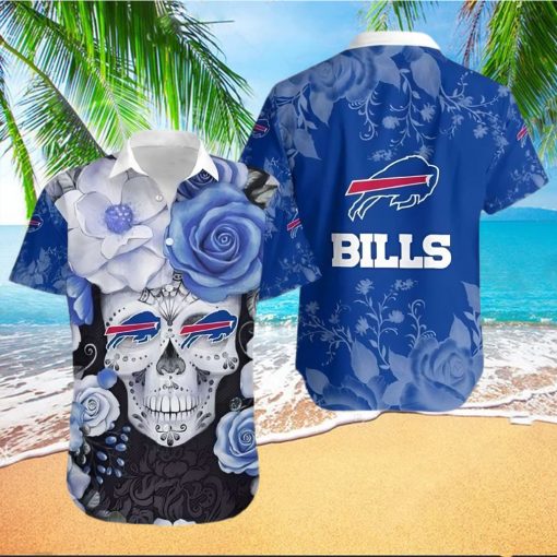 Buffalo Bills Hawaiian Shirt, Flowers Skull, Button Down Hawaiian Shirt