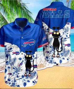 Buffalo Bills Hawaiian Shirt, Tropical Flowers With Cat, Unique Hawaiian Shirt