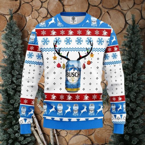 Busch Beer Ugly Knitted Christmas Sweater Reindeer Horns Lights