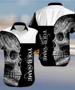 Buy Custom Name Black And White Skull Unisex Hawaiian Aloha Shirt