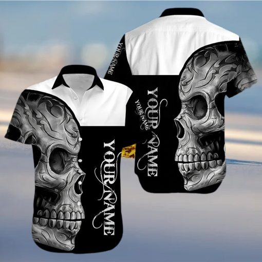 Buy Custom Name Black And White Skull Unisex Hawaiian Aloha Shirt