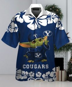 Byu Cougars Baby Yoda Short Sleeve Button Up Tropical Hawaiian Shirt