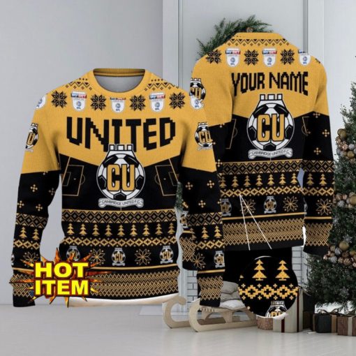 Cambridge United FC Big Logo Custom Name 3D Ugly Christmas Sweater Christmas Gift For Big Fans