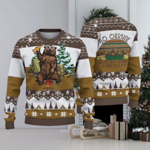 Camping Bear Go Outside Ugly Christmas Sweater Holiday For Men And Women