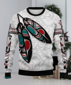 Canada Knitted Christmas Ugly Sweater 3D, Haida Eagle Feathers White