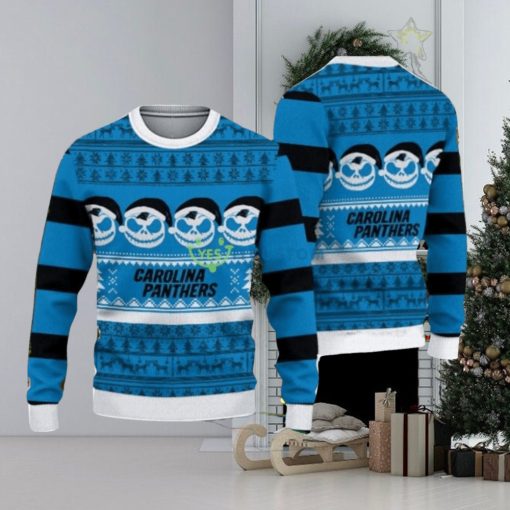 Carolina Panthers Christmas Jack Skellington Face Pattern Ugly Christmas Sweater Impressive Gift