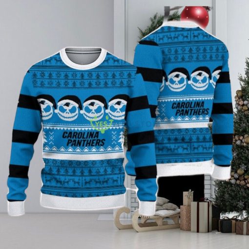 Carolina Panthers Christmas Jack Skellington Face Pattern Ugly Christmas Sweater