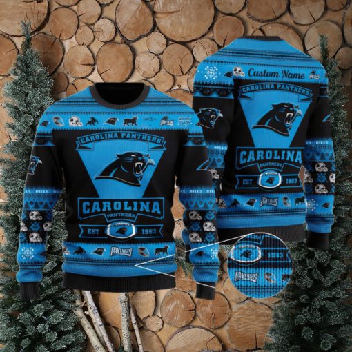 Carolina Panthers Football Team Logo Custom Name Christmas Gift All Over Print Ugly Christmas Sweater