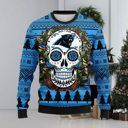 Carolina Panthers Skull Flower Ugly Christmas Ugly Sweater