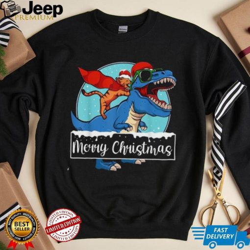 Cat Riding Dinosaur Christmas Pajama Cute T Rex Santa Hat Shirt