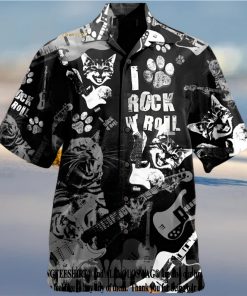 Cat Rock D Roll Cool Music Lover Short Sleeve Rock Music Button Up For Summer Hawaiian Shirt