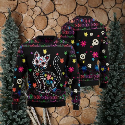 Cat Sugar Skull Floral Pattern Ugly Christmas 3D Sweater