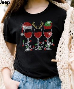 Caterpillar Christmas Elf Deer Santa Hat Wine Glasses Bling Xmas Lights T shirt