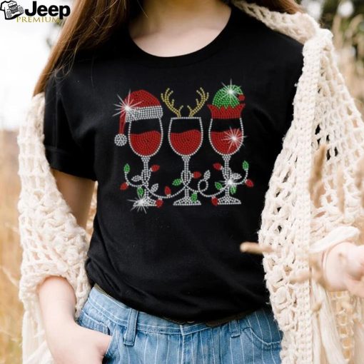 Caterpillar Christmas Elf Deer Santa Hat Wine Glasses Bling Xmas Lights T  shirt