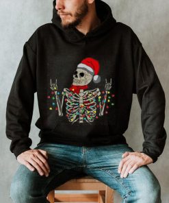 Caterpillar Christmas Skeleton Rocker Wrapped In Xmas Lights Santa Hat Long Sleeve T shirt