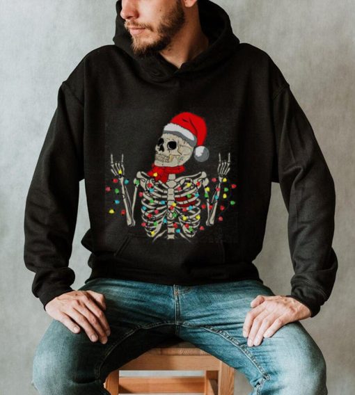 Caterpillar Christmas Skeleton Rocker Wrapped In Xmas Lights Santa Hat Long Sleeve T shirt