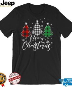 Caterpillar Merry Christmas Tree Buffalo Plaid Red White Green Light Shirt in Black