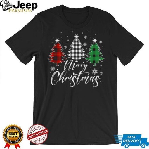 Caterpillar Merry Christmas Tree Buffalo Plaid Red White Green Light Shirt in Black