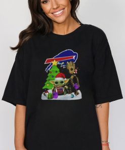 Santa Groot and Baby Yoda hug Buffalo Bills Snow Christmas Tree shirt