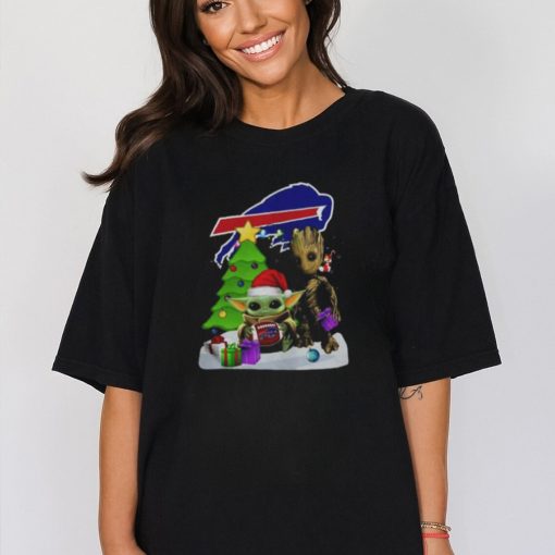 Santa Groot and Baby Yoda hug Buffalo Bills Snow Christmas Tree shirt