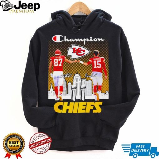 Champion Travis Kelce and Patrick Mahomes Kansas City Chiefs signature shirt