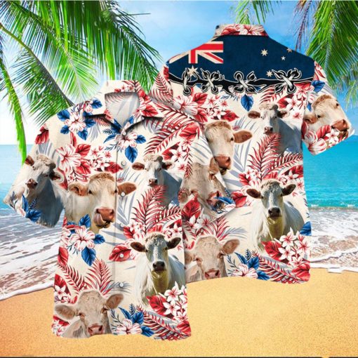 Charolais Cattle Australian Flag Hawaiian Flowers All Over Printed 3D Hawaiian Shirt