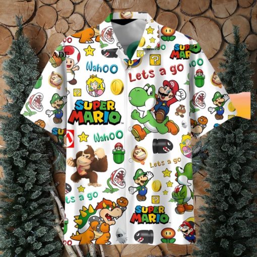 Cheap Lets Go White Super Mario Button Up Hawaiians Shirt