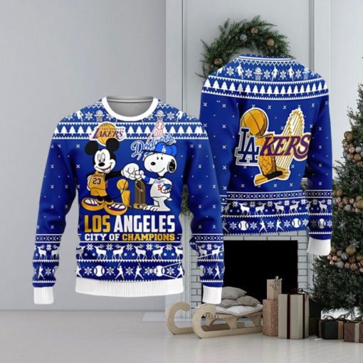 Cheap Mickey And Snoopy Los Angeles Dodgers Ugly Christmas Sweater 3D Printed Men And Women Holiday Gift