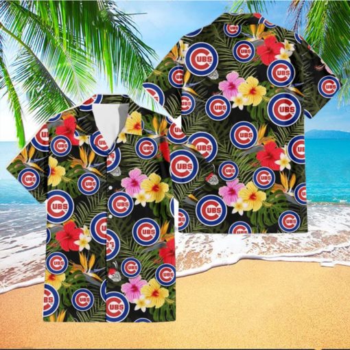 Chicago Cubs Colorful Hibiscus Green Leaf Back Background 3D Hawaiian Shirt Gift For Fans