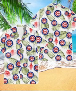 Chicago Cubs Light Salmon Hibiscus Green Leaf White Background 3D Hawaiian Shirt Gift For Fans