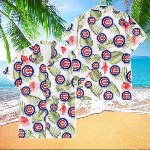 Chicago Cubs Light Salmon Hibiscus Green Leaf White Background 3D Hawaiian Shirt Gift For Fans