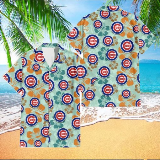 Chicago Cubs Orange Green Hibiscus Pale Green Background 3D Hawaiian Shirt Gift For Fans