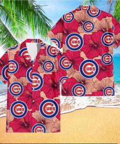 Chicago Cubs Red Beige Hibiscus Beige Background 3D Hawaiian Shirt Gift For Fans