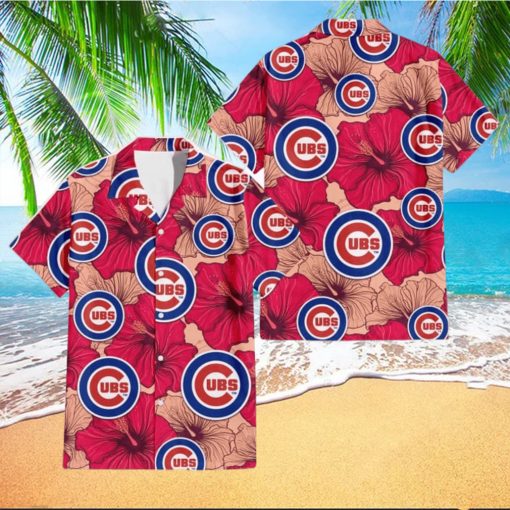 Chicago Cubs Red Beige Hibiscus Beige Background 3D Hawaiian Shirt Gift For Fans