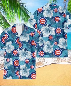 Chicago Cubs White Hibiscus Turquoise Banana Leaf Navy Background 3D Hawaiian Shirt Gift For Fans