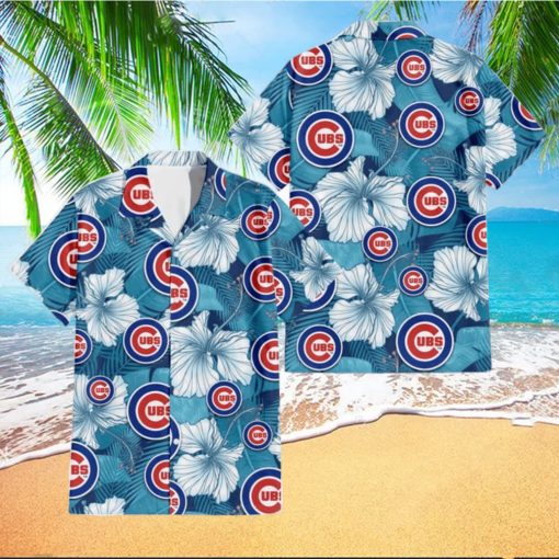 Chicago Cubs White Hibiscus Turquoise Banana Leaf Navy Background 3D Hawaiian Shirt Gift For Fans