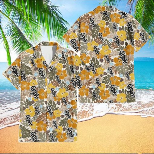 Chicago White Sox Brown Yellow Hibiscus White Background 3D Hawaiian Shirt Gift For Fans