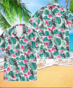 Chicago White Sox Pink Hibiscus Green Leaf Beige Background 3D Hawaiian Shirt Gift For Fans