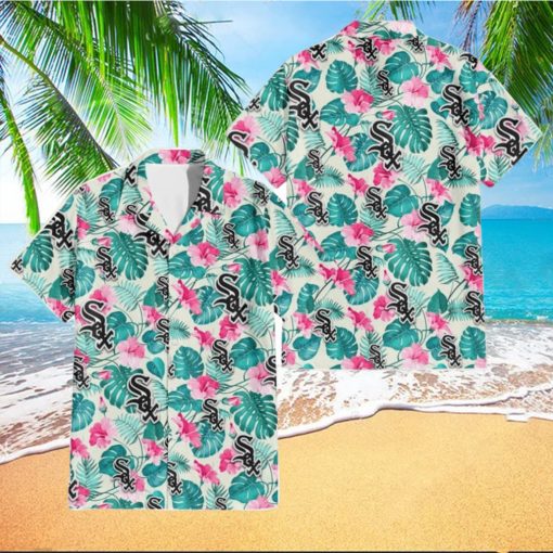 Chicago White Sox Pink Hibiscus Green Leaf Beige Background 3D Hawaiian Shirt Gift For Fans