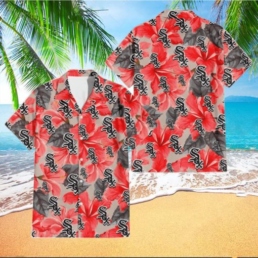 Chicago White Sox Red Hibiscus Gray Leaf Gainsboro Background 3D Hawaiian Shirt Gift For Fans