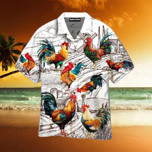 Chicken Rooster Cattle Farming Summer White Aloha Hawaiian Shirt