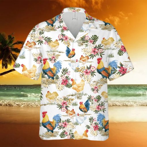 Chicken Rooster Shirt Tropical Flowers Pattern Hawaiian Shirt Summer Gift For Men And Women