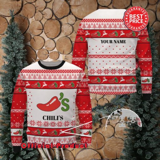 Chili’s Custom Name White Design Logo Reindeer Ugly Christmas Sweater