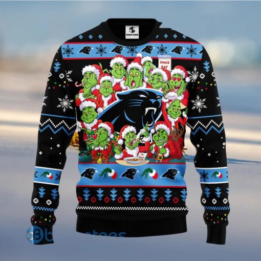 Christmas Gift NFL Carolina Panthers Cute 12 Grinch Face Xmas Day 3D Ugly Christmas Sweater