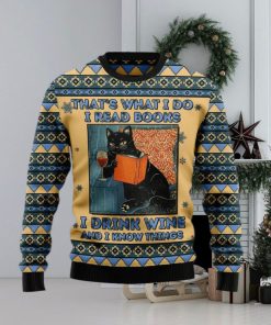 Christmas Ugly Sweater Black Cat Read Books Drink Wine Funny Sweater Gift For Men And Women