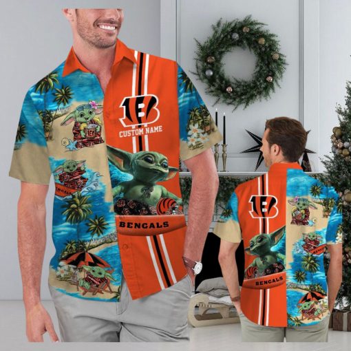Cincinnati Bengals Baby Yoda Name Personalized Short Sleeve Button Up Tropical Hawaiian Shirt