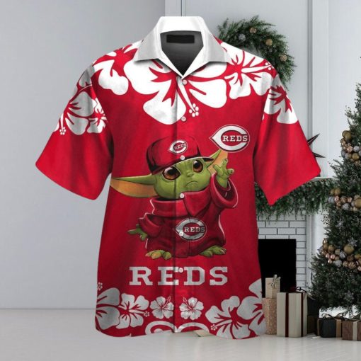Cincinnati Reds Baby Yoda Short Sleeve Button Up Tropical Hawaiian Shirt